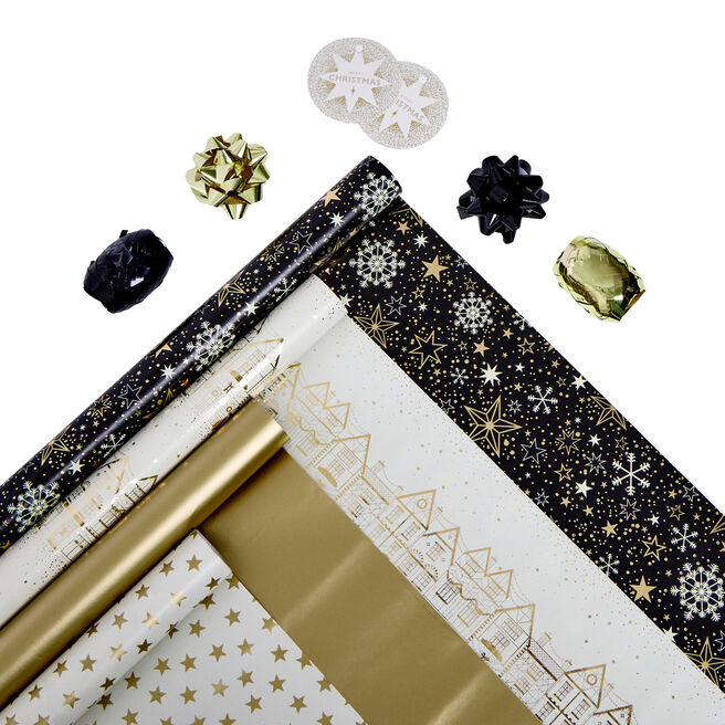 Black & Gold Christmas Gift Wrap Packs - 12 Rolls & Accessories